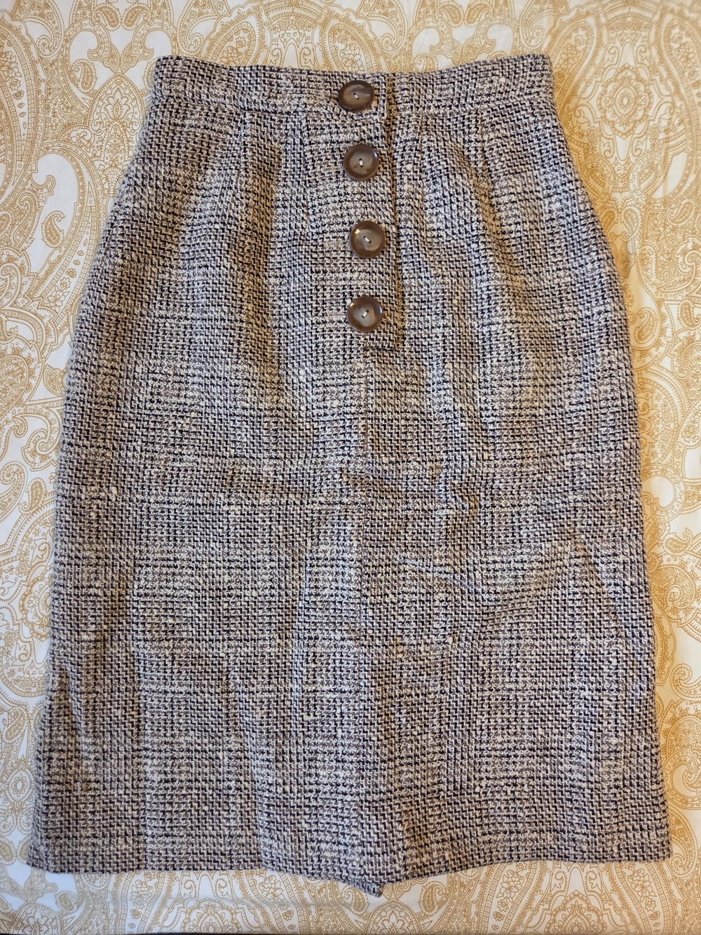 Vintage High-Waist Brown Tweed Button-Front Pencil Skirt